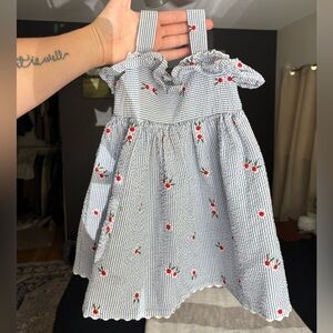 Toddler Blue and White Striped Dress with Floral Embroidery